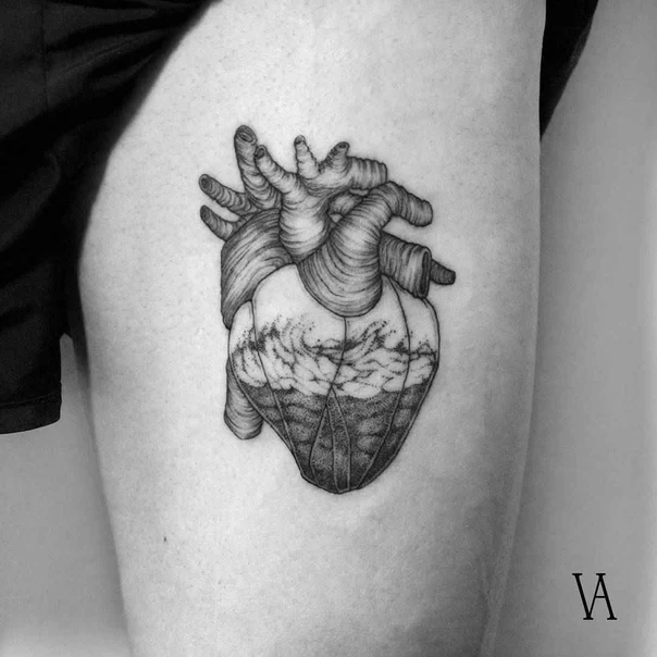 Realism Anatomical heart, Landscape tattoo on Thigh