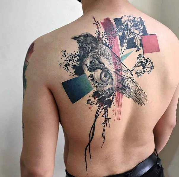 Illustrative Bird, Eye tattoo on Upper Back