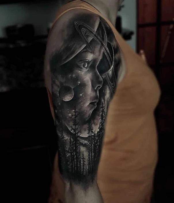 Realism Portrait, Space tattoo on Full Sleeve