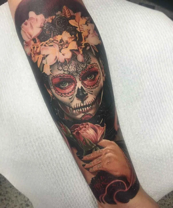 Realism Skull, Rose tattoo on Forearm