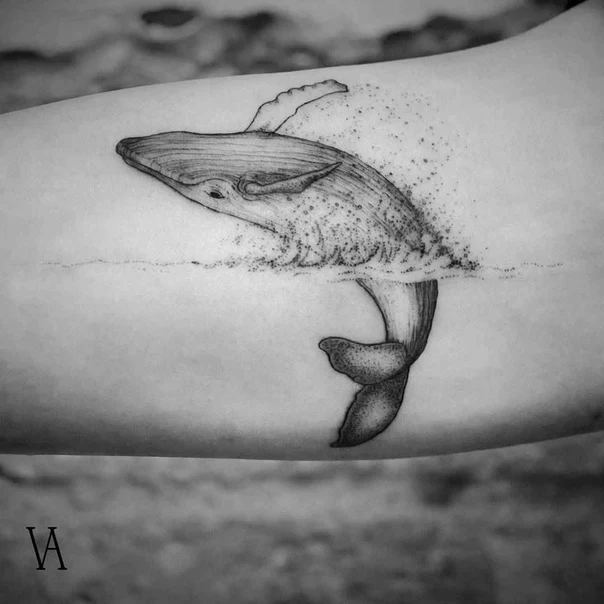 Blackwork Whale, Water tattoo on Forearm