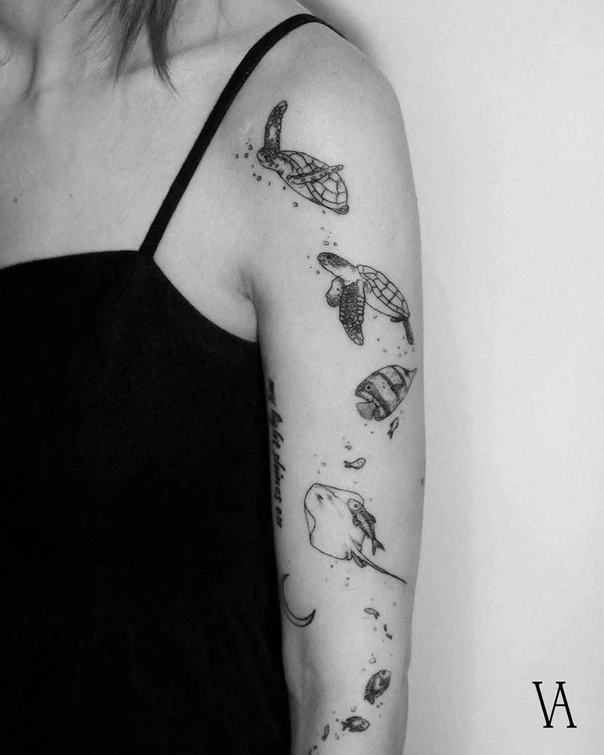 Fineline Sea turtle, Fish tattoo on Forearm