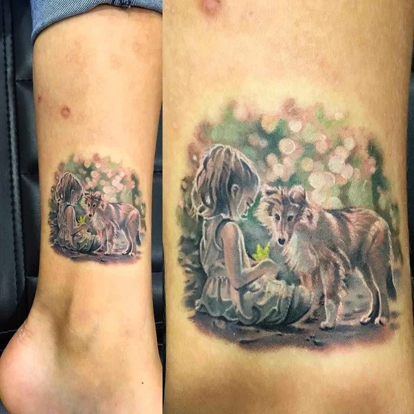 Реализм Child, Dog tattoo на Лодыжка