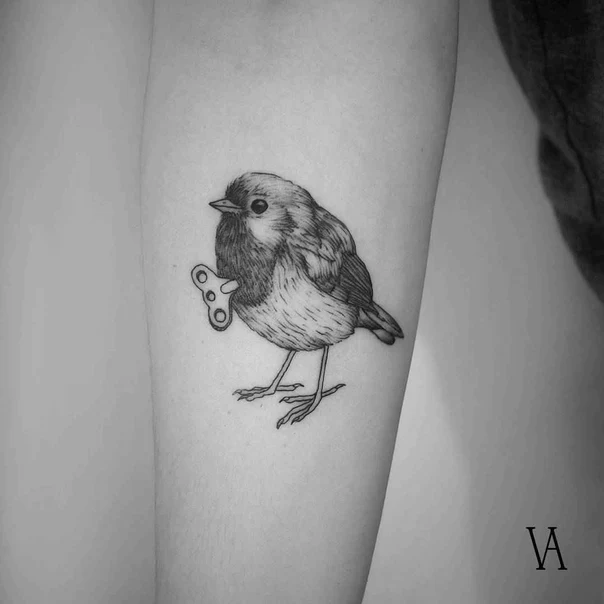 Black & Grey Bird, Key tattoo on Forearm