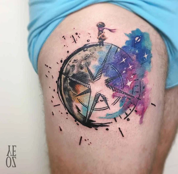 Watercolor Stars, Compass tattoo on Thigh