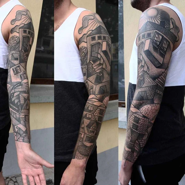Geometric Houses, Sun tattoo on Full Sleeve