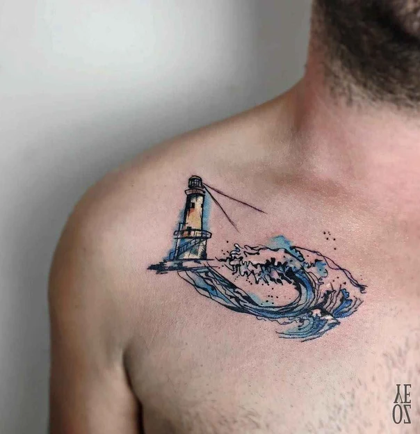 Watercolor Lighthouse, Wave tattoo on Chest