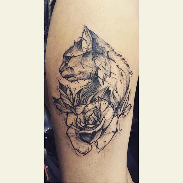 Sketch Cat, Rose tattoo on Thigh