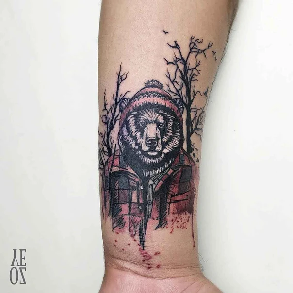 Illustrative Bear, Trees tattoo on Forearm
