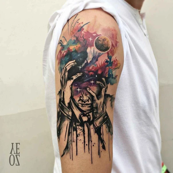 Watercolor Galaxy, Portrait tattoo on Upper Arm