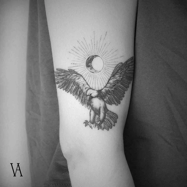 Blackwork Eagle, Moon tattoo on Forearm