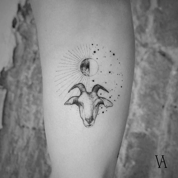 Linework Goat, Moon tattoo on Forearm