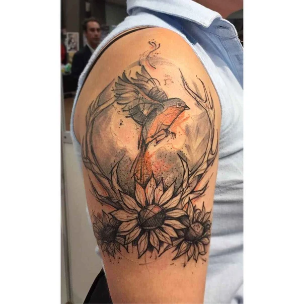 Illustrative Bird, Flowers tattoo on Upper Arm