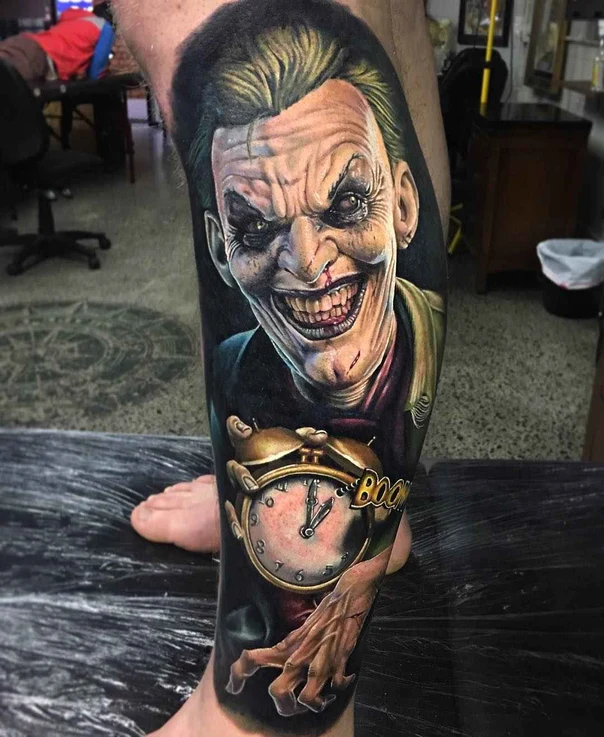 Realism Joker, Clock tattoo on Calf