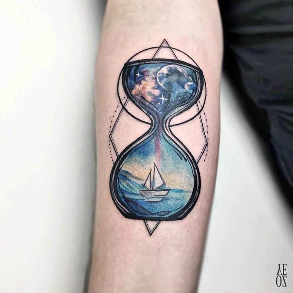 Illustrative Hourglass, Boat tattoo on Forearm