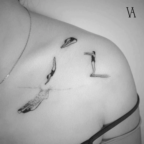 Fineline Swimming, Diving tattoo on Shoulder