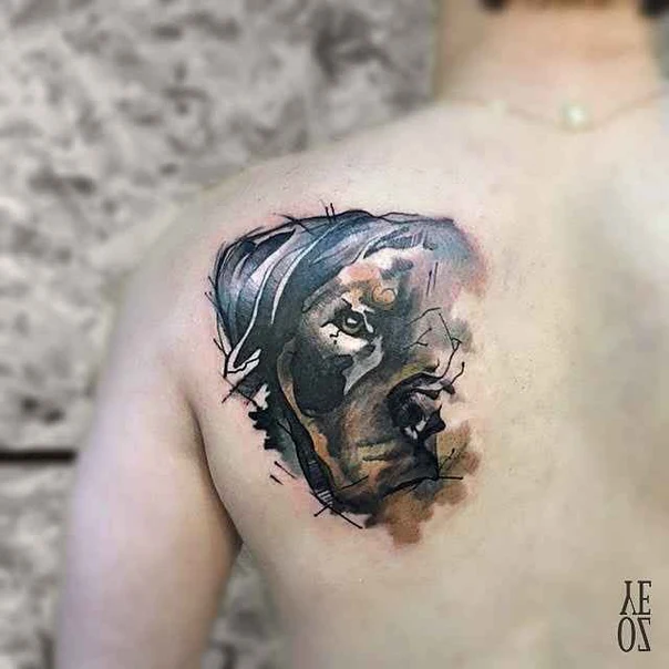 Sketch Dog, Portrait tattoo on Shoulder Blade