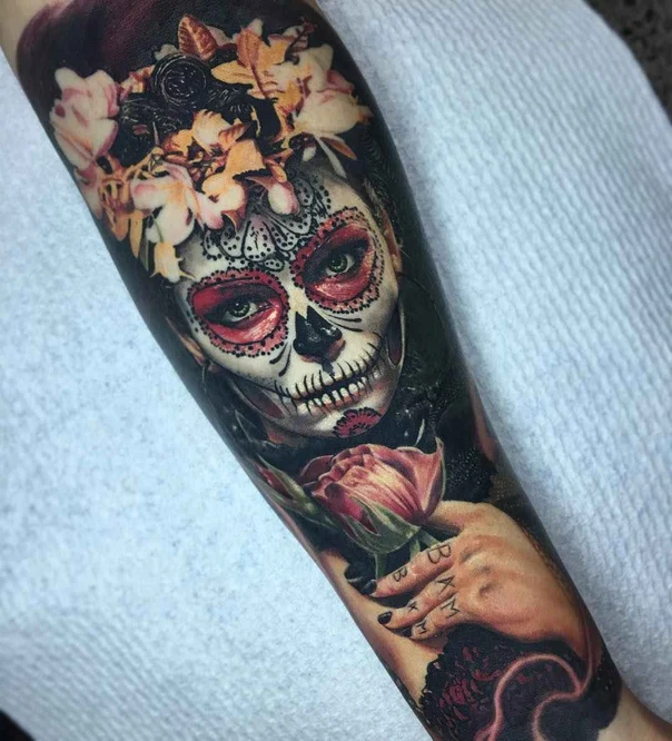 Realism Skull, Flower tattoo on Full Sleeve