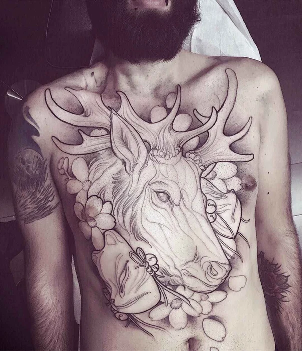 Sketch Deer, Flowers tattoo on Chest