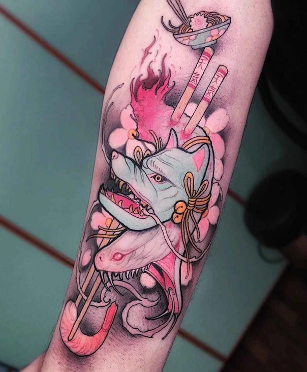 Japanese Kitsune, Snake tattoo on Forearm