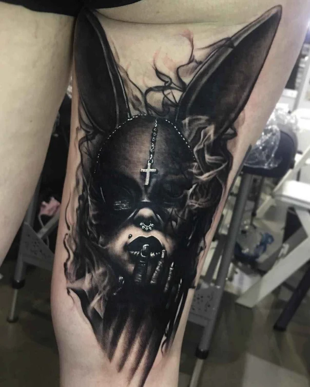 Blackwork Bunny, Cross tattoo on Thigh