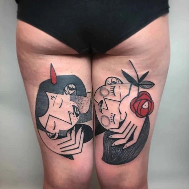 Abstract Face, Rose tattoo on Thigh