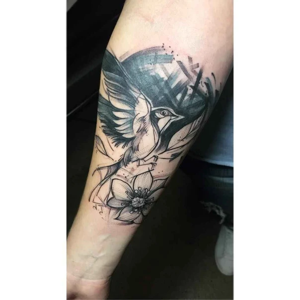 Sketch Bird, Flower tattoo on Forearm