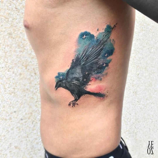 Watercolor Crow, Stars tattoo on Side