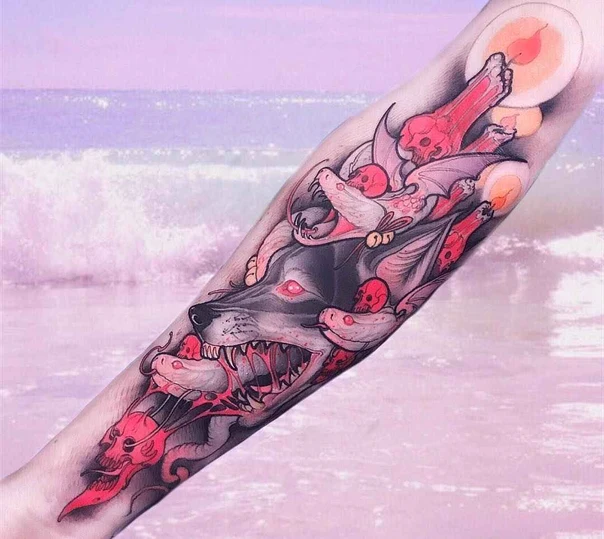 Illustrative Wolf, Skull tattoo on Forearm