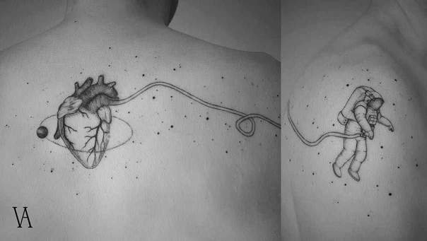 Fineline Heart, Astronaut tattoo on Upper Back