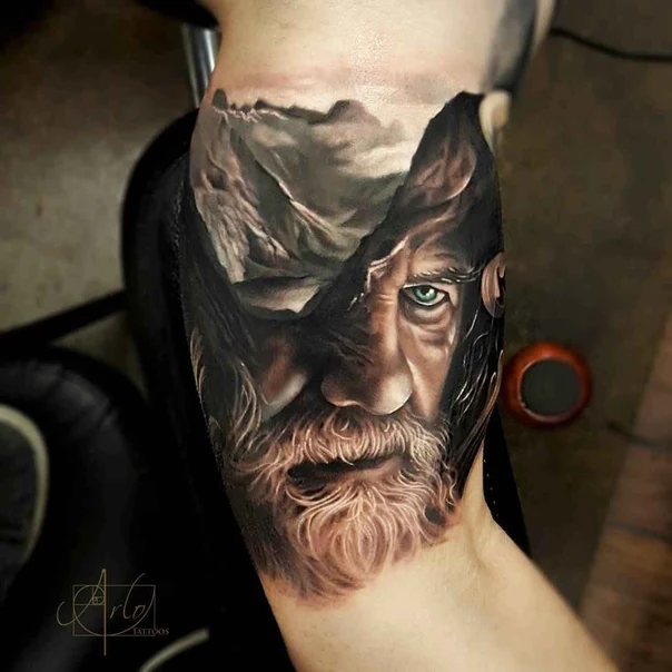 Realism Face, Mountain tattoo on Upper Arm