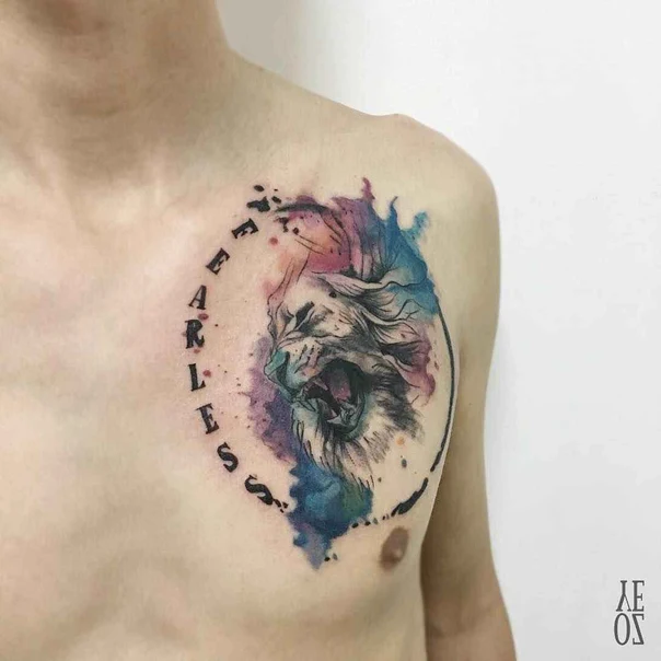 Watercolor Lion, Text tattoo on Chest
