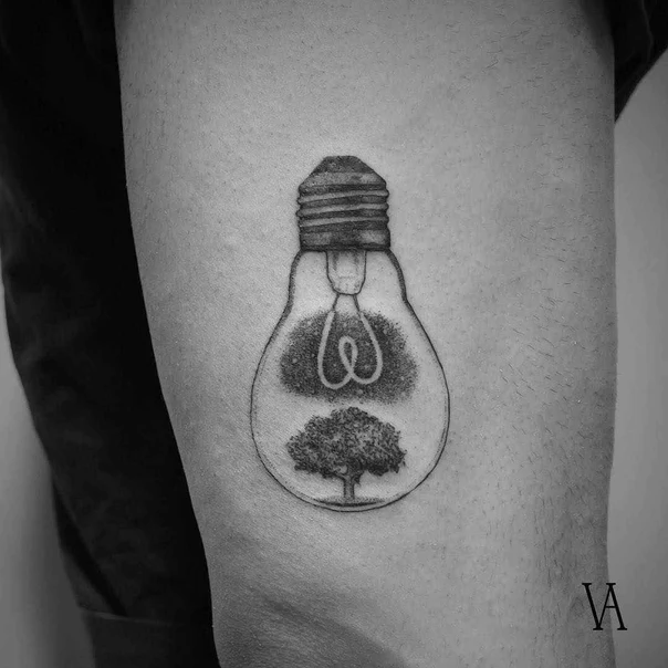 Linework Lightbulb, Tree tattoo on Thigh