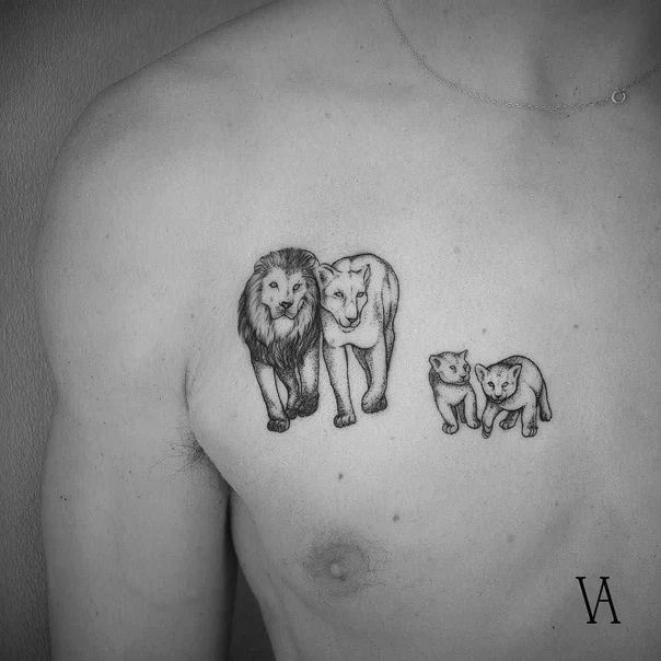 Black & Grey Lion, Family tattoo on Chest