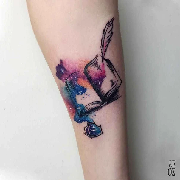 Watercolor Book, Feather tattoo on Forearm