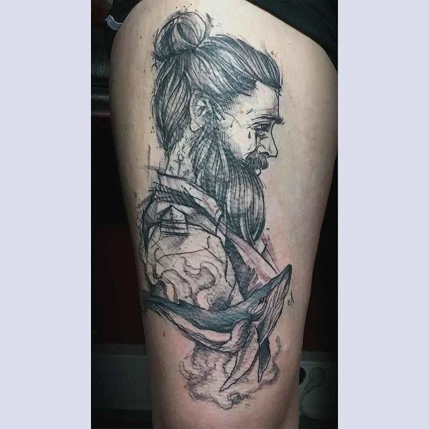 Sketch Man, Whale tattoo on Thigh