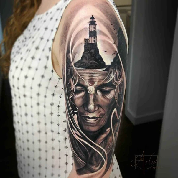 Realism Portrait, Lighthouse tattoo on Upper Arm
