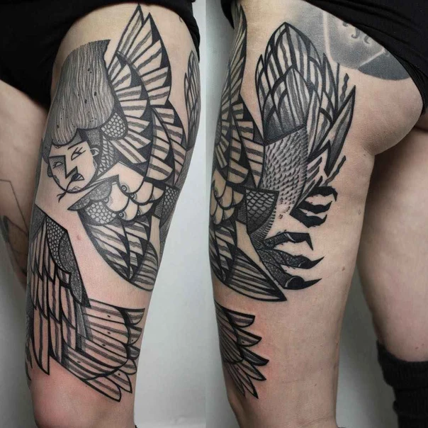 Blackwork Bird, Wings tattoo on Thigh