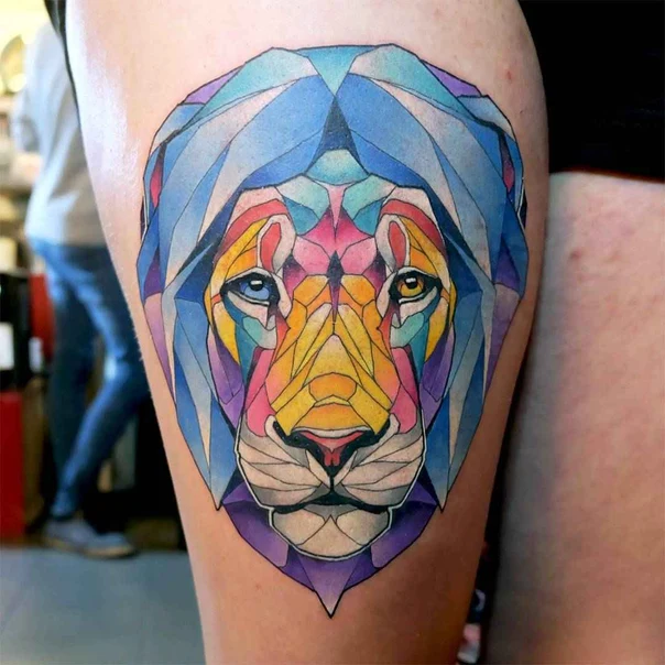 Geometric Lion tattoo on Thigh