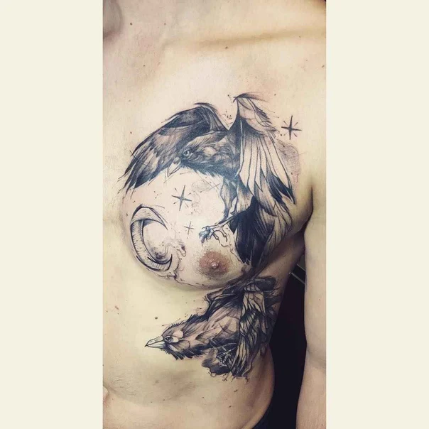 Sketch Raven, Moon tattoo on Chest