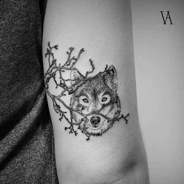 Black & Grey Wolf, Branches tattoo on Forearm