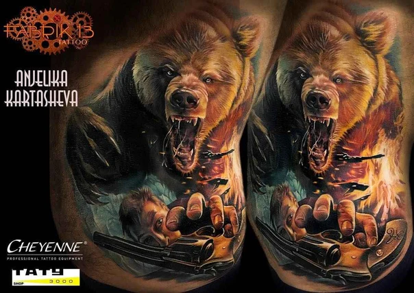 Realism Bear, Gun tattoo on Chest
