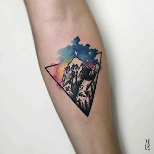 Geometric Mountain, Stars tattoo on Forearm
