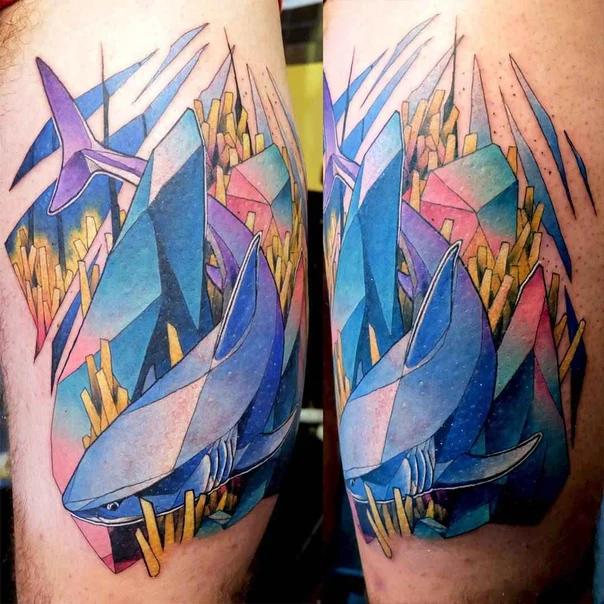Geometric Shark, Crystal tattoo on Thigh