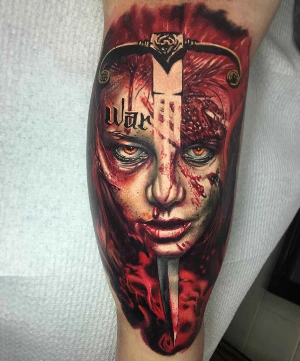 Realism Face, Sword tattoo on Forearm