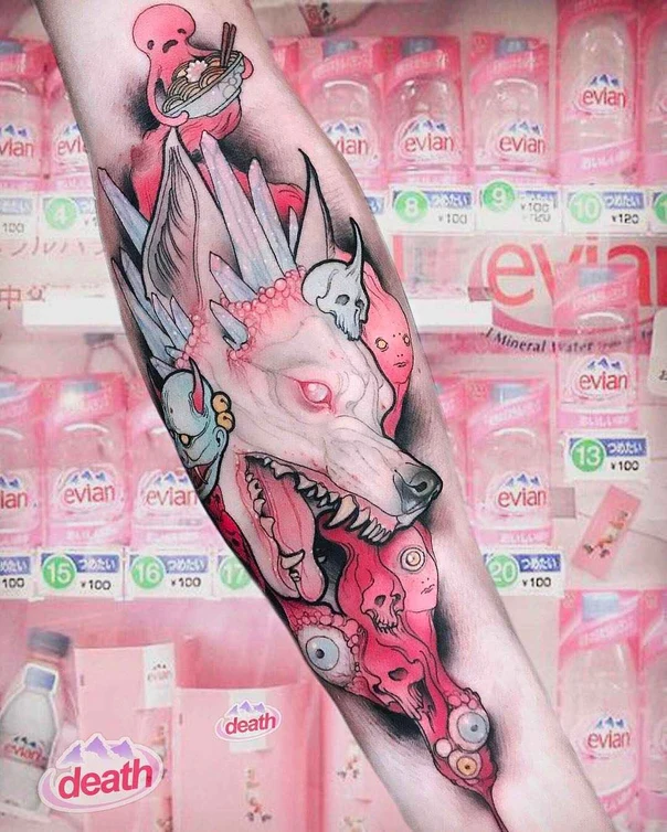 Illustrative Wolf, Skull tattoo on Forearm