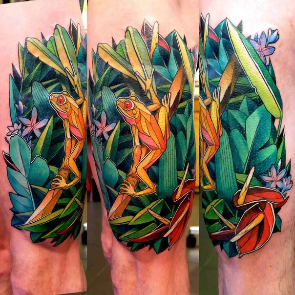 Illustrative Frog, Botanic tattoo on Thigh