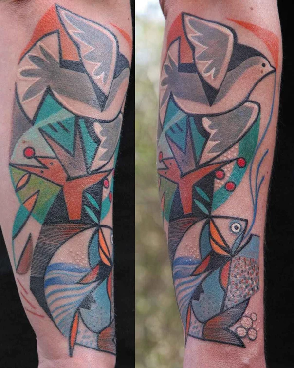 Abstract Birds, Fish tattoo on Forearm