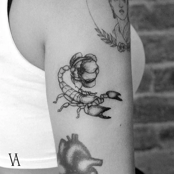 Blackwork Scorpion, Flower tattoo on Forearm