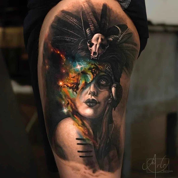 Realism Portrait, Skull tattoo on Thigh